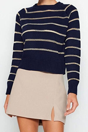 Kadın Moda Şık Regular Bisiklet Yaka Uzun Kol Çizgili Simli Triko Kazak