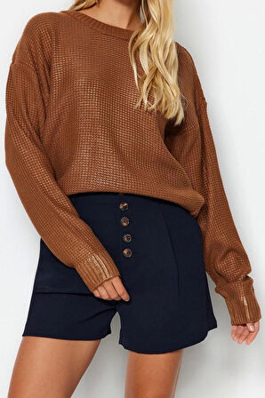 Kadın Moda Şık Bisiklet Yaka Standart Kol Regular Varak Baskılı Triko Kazak