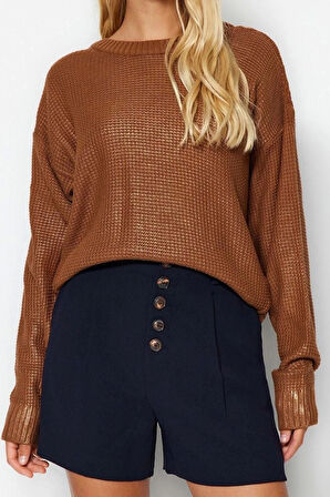 Kadın Moda Şık Bisiklet Yaka Standart Kol Regular Varak Baskılı Triko Kazak