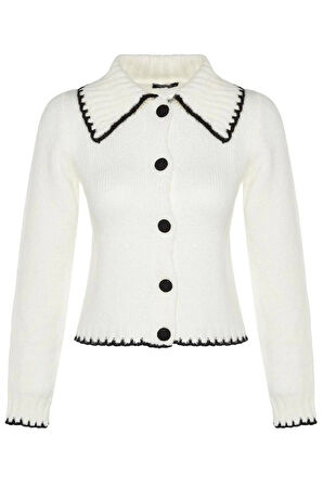 Kadın Moda Şık Regular Devrik Yaka Uzun Kol Renk Bloklu Yumuşak Dokulu Kontrast Renklı Triko Hırka