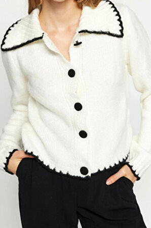 Kadın Moda Şık Regular Devrik Yaka Uzun Kol Renk Bloklu Yumuşak Dokulu Kontrast Renklı Triko Hırka