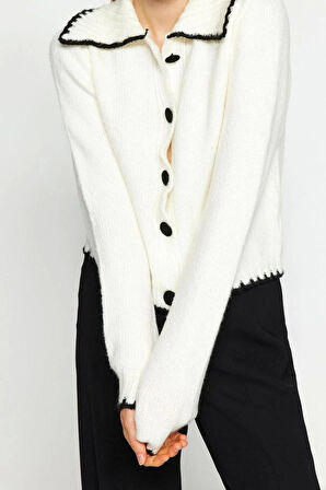 Kadın Moda Şık Regular Devrik Yaka Uzun Kol Renk Bloklu Yumuşak Dokulu Kontrast Renklı Triko Hırka