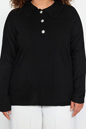 Kadın Büyük Beden Moda Şık Regular Polo Yaka Uzun Kol Düz Polo Yaka Düğme Kapamalı Triko Kazak