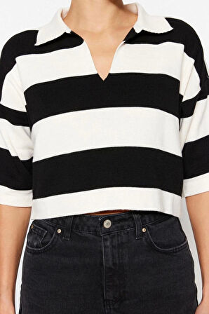 Kadın Moda Şık Crop Polo Yaka Truvakar Kol Kol Çizgili Crop Polo Yaka Basic Triko Kazak