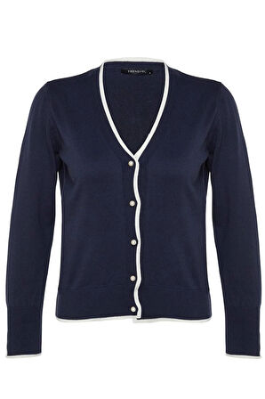 Kadın Moda Şık Regular V Yaka Slim Premium İplik Kontrast Renkli Triko Hırka