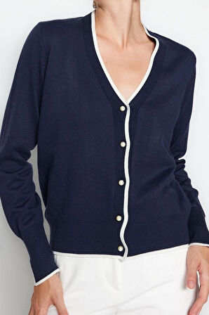 Kadın Moda Şık Regular V Yaka Slim Premium İplik Kontrast Renkli Triko Hırka