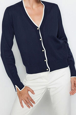 Kadın Moda Şık Regular V Yaka Slim Premium İplik Kontrast Renkli Triko Hırka