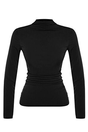 Kadın Moda Şık Regular Dik Yaka Slim Kalıp Örme Büzgü Detaylı Fitted Vücuda Kol Oturan Esnek Bluz