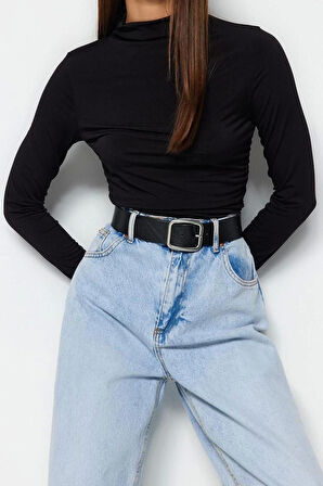 Kadın Moda Şık Regular Dik Yaka Slim Kalıp Örme Büzgü Detaylı Fitted Vücuda Kol Oturan Esnek Bluz