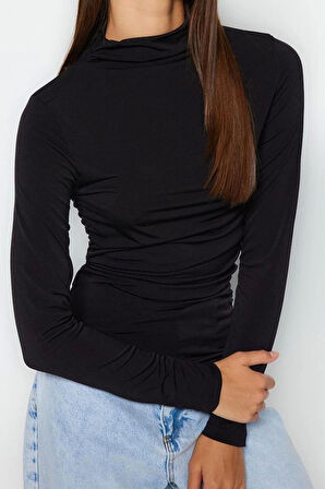 Kadın Moda Şık Regular Dik Yaka Slim Kalıp Örme Büzgü Detaylı Fitted Vücuda Kol Oturan Esnek Bluz