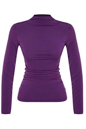 Kadın Moda Şık Regular Dik Yaka Slim Kalıp Örme Büzgü Detaylı Fitted Vücuda Kol Oturan Esnek Bluz