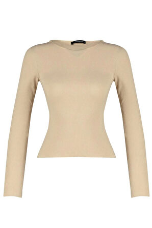 Kadın Moda Şık Regular Bisiklet Yaka Slim Kalıp Örme Fitilli Fitted Vücuda Oturan Pamuklu Esnek Bluz