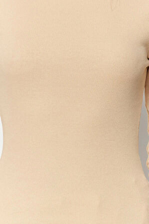 Kadın Moda Şık Regular Bisiklet Yaka Slim Kalıp Örme Fitilli Fitted Vücuda Oturan Pamuklu Esnek Bluz