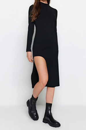 Yeni Slim Casual Günlük Poliviskon Kaşkorse Örme Dik Yaka Uzun Kol Bodycone Midi Boy Elbise