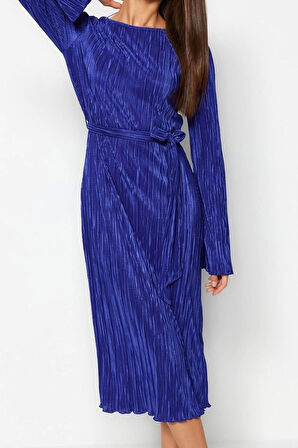 Yeni Regular Gündüz Gece Pilise Örme Kayık Yaka Uzun Kol A-Line Midi Boy Elbise