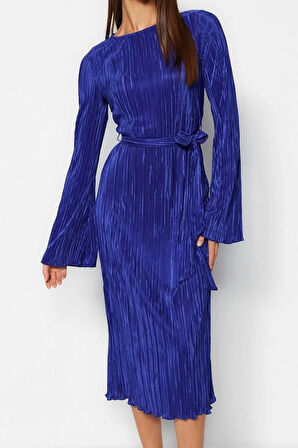 Yeni Regular Gündüz Gece Pilise Örme Kayık Yaka Uzun Kol A-Line Midi Boy Elbise