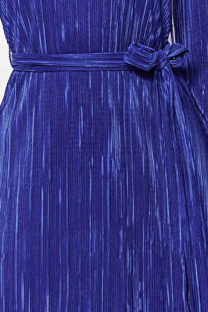 Yeni Regular Gündüz Gece Pilise Örme Kayık Yaka Uzun Kol A-Line Midi Boy Elbise