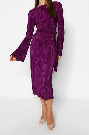 Yeni Regular Gündüz Gece Pilise Örme Kayık Yaka Uzun Kol A-Line Midi Boy Elbise