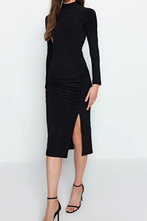 Yeni Slim Gündüz Gece Kalın Sandy Örme Dik Yaka Uzun Kol Bodycone Midi Boy Elbise