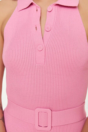 Yeni Slim Casual Günlük Çift Plaka Triko Polo Yaka Kolsuz Kol Bodycone Midi Boy Elbise