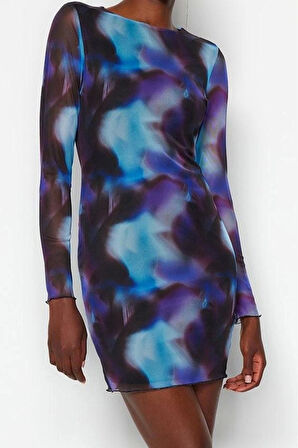 Kadın Moda Şık Mini Boy Bisiklet Yaka Slim Baskılı Tül Fitted Vücuda Oturan Esnek Örme Elbise