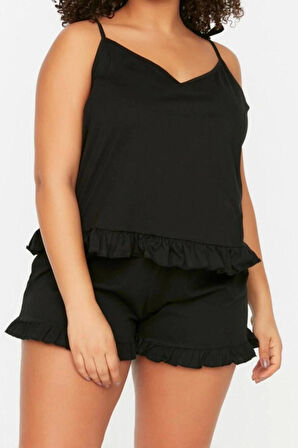 Büyük Beden Kadın Pamuklu V Yaka Askılı Kol Askılı Örme Fırfır Detaylı Pijama Takımı