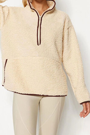 Kadın Moda Şık Regular Dik Yaka Düşük Kol Regular Peluş Örme Spor Sweatshirt