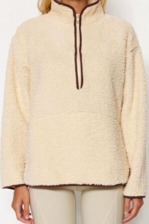 Kadın Moda Şık Regular Dik Yaka Düşük Kol Regular Peluş Örme Spor Sweatshirt