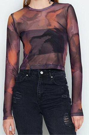Kadın Moda Şık Crop Bisiklet Yaka Slim Kalıp Örme Baskılı Tül Fitted Vücuda Oturan Esnek Bluz