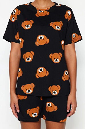 Kadın %100 Pamuk Bisiklet Yaka Kısa Kol %100 Pamuk Ayıcık Desenli T-shirt-Şort Örme Pijama Takımı