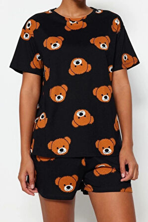 Kadın %100 Pamuk Bisiklet Yaka Kısa Kol %100 Pamuk Ayıcık Desenli T-shirt-Şort Örme Pijama Takımı