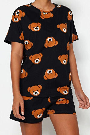 Kadın %100 Pamuk Bisiklet Yaka Kısa Kol %100 Pamuk Ayıcık Desenli T-shirt-Şort Örme Pijama Takımı