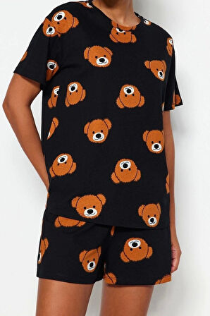 Kadın %100 Pamuk Bisiklet Yaka Kısa Kol %100 Pamuk Ayıcık Desenli T-shirt-Şort Örme Pijama Takımı