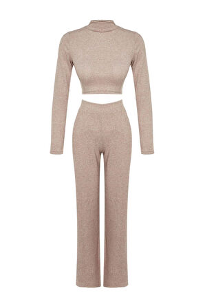 Kadın Moda Şık Geniş Paça Uzun Boy Dik Yaka Yumoş Crop ve Geniş Paça Örme Alt-Üst Takım