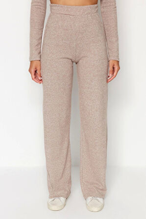 Kadın Moda Şık Geniş Paça Uzun Boy Dik Yaka Yumoş Crop ve Geniş Paça Örme Alt-Üst Takım