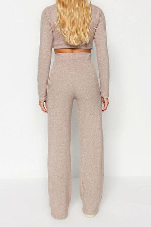 Kadın Moda Şık Geniş Paça Uzun Boy Dik Yaka Yumoş Crop ve Geniş Paça Örme Alt-Üst Takım