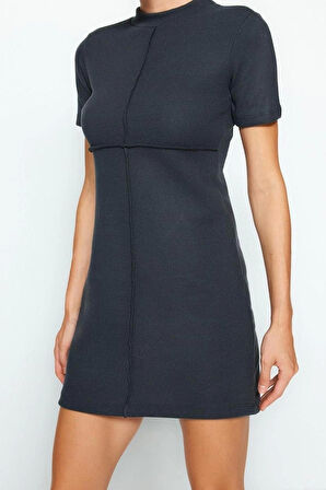 Kadın Moda Şık Mini Boy Dik Yaka Regular A Kesim Çan Form Selanik Triko Görünümlü Örme Elbise