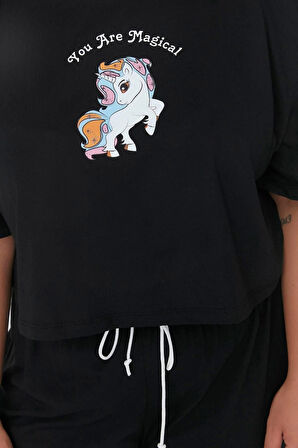 Büyük Beden Kadın Pamuklu Bisiklet Yaka Kısa Kol Baskılı Wide Leg Crop Boy Örme Pijama Takımı