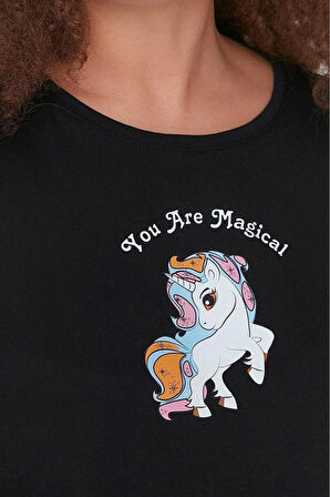 Büyük Beden Kadın Pamuklu Bisiklet Yaka Kısa Kol Baskılı Wide Leg Crop Boy Örme Pijama Takımı