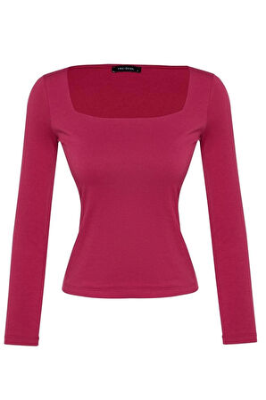 Kadın Moda Şık Üst Giyim Regular Kare Yaka Slim Kalıp Örme Pamuklu Fit Bluz
