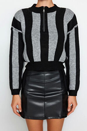 Kadın Moda Şık Dik Yaka Düşük Kol Crop Yumuşak Dokulu Triko Kazak