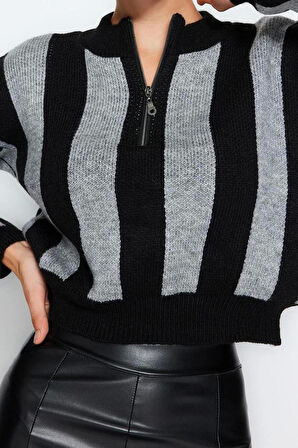 Kadın Moda Şık Dik Yaka Düşük Kol Crop Yumuşak Dokulu Triko Kazak