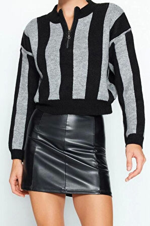 Kadın Moda Şık Dik Yaka Düşük Kol Crop Yumuşak Dokulu Triko Kazak