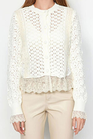 Kadın Moda Şık Crop Bisiklet Yaka Regular Crop Dantelli Ajurlu Delikli Triko Hırka