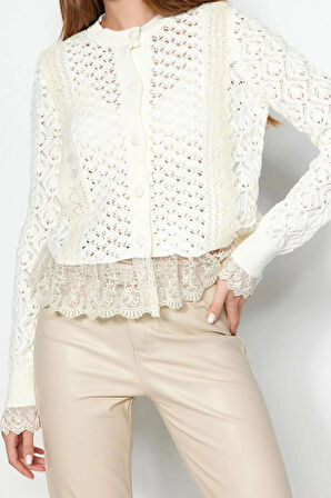 Kadın Moda Şık Crop Bisiklet Yaka Regular Crop Dantelli Ajurlu Delikli Triko Hırka