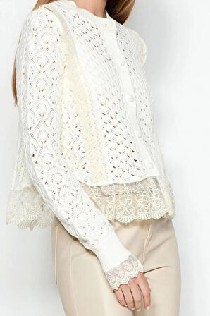 Kadın Moda Şık Crop Bisiklet Yaka Regular Crop Dantelli Ajurlu Delikli Triko Hırka