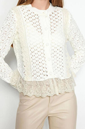 Kadın Moda Şık Crop Bisiklet Yaka Regular Crop Dantelli Ajurlu Delikli Triko Hırka