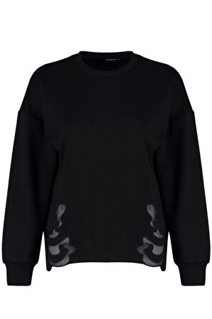 Kadın Moda Şık Relaxed Bisiklet Yaka Standart Kol Regular Basic İnce Aplike Detaylı Örme Sweatshirt