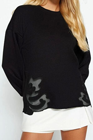 Kadın Moda Şık Relaxed Bisiklet Yaka Standart Kol Regular Basic İnce Aplike Detaylı Örme Sweatshirt