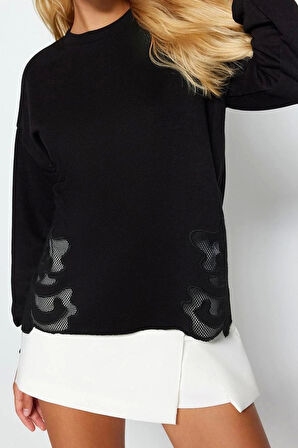 Kadın Moda Şık Relaxed Bisiklet Yaka Standart Kol Regular Basic İnce Aplike Detaylı Örme Sweatshirt